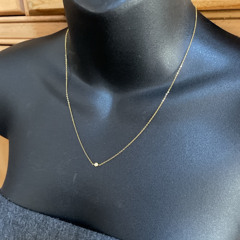 Solid 14K Yellow Gold Natural Diamond Solitaire XS Bezel Necklace Minimalist - Picture 11 of 13